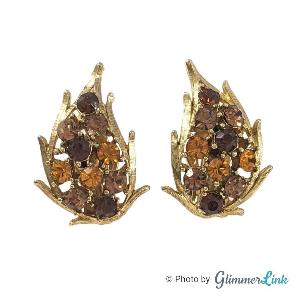 VTG Paisley Leaf Shaped Brown & Orange Rhinestones Gold Tone Clip On Earrings